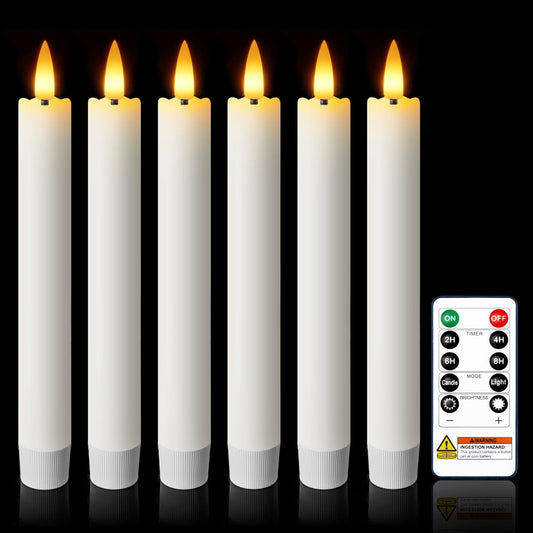 Meigic 7 Inches Dripless Flameless Taper Candles with Remote Timer Dimmer, Real Wax Battery Candlesticks, 3D Flame Fake Candlesticks for Home Wedding Christmas Decor, White, 6 Pcs