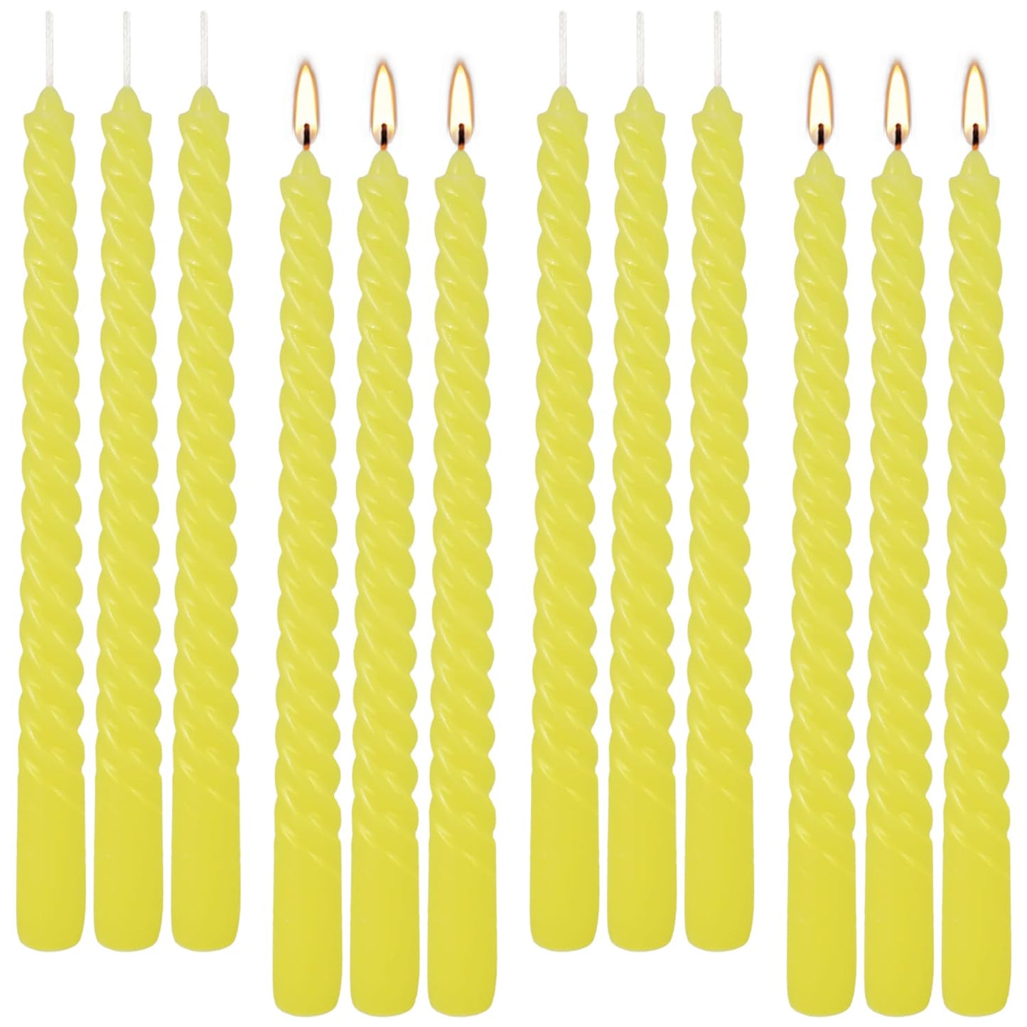 12-Piece Yellow Spiral Wax 10-inch Taper Candles -unscented smokeless, Tear-Free, Long-Lasting Burning Cotton Wick Suitable for Home,Party,Holiday Decorations