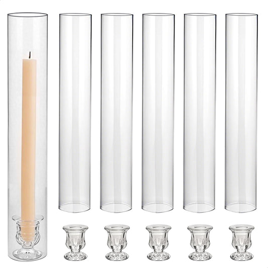 CHILL RECIPE Hurricane Glass Candle Holders-Set of 6 Tall Taper Candle Holder with 14” Tall Clear Cylinder Covers for Wedding Table Centerpiece Home Decor (Floral Base+Clear Chimney)