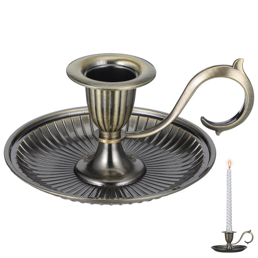 HOMSFOU Retro Taper Candle Holder with Handle Vintage Zinc Alloy Candlestick Tabletop Decor for Party Wedding Christmas 4.52X4.52X2.55 Inch