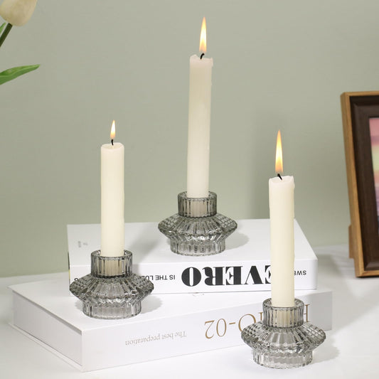CHOCSTAY Reversible Candlestick Holders Set of 3, Gray Glass Taper and Tealight Candle Holders for Table Centerpiece, Wedding, Party, Home Decor