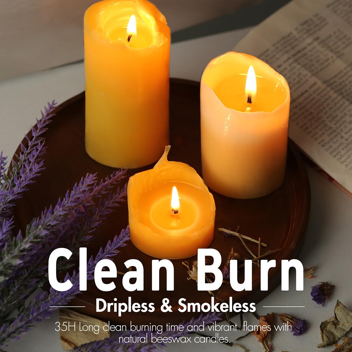 6 Packs Natural Beeswax Candles, 100% Pure Beeswax Pillar Candles for Emergency Prayer Home Decor, Bees Wax Candle for Relax, Smokeless & Dripless,2x4 Inch