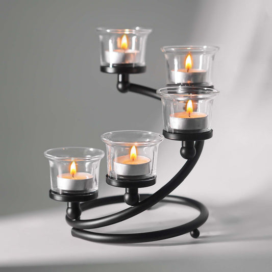 Kolnlala 1PC Clear Chunky 5 Cups Metal Tea Light Candle Holders for Table Centerpiece, Glass Votive Tealight Holders/Candelabra Candlestick Holders for Wedding,Party, Anniversary,Christmas(Black)