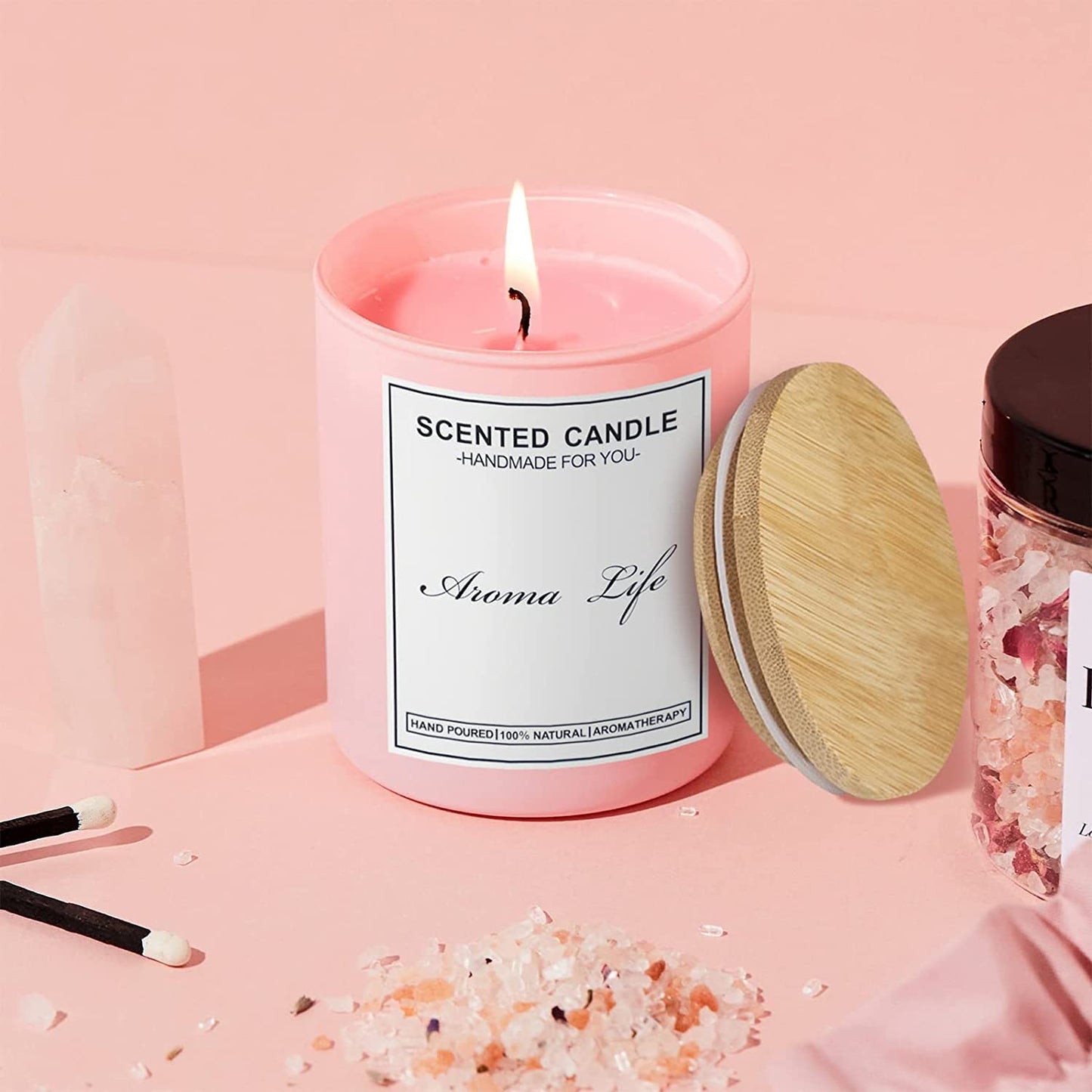 Creahaus 10oz, 16 Pack Thick Candle Jars with Bamboo Lids for Making Candles, Bulk Pink Empty Glass Candle Containers & Sticky Labels, Warming Labels Kit, Heat Resistant Candle Vessels