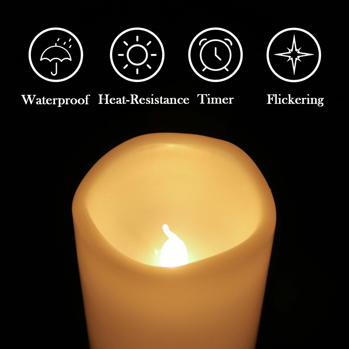 Eldnacele Waterproof Flameless Flickering Candles with 6 Hours Timer, Indoor Outdoor White LED Plastic Battery Operated Pillar Candles Pack of 4 Wedding Dinner Home Decor, D3”x H4” 5” 6” 8”