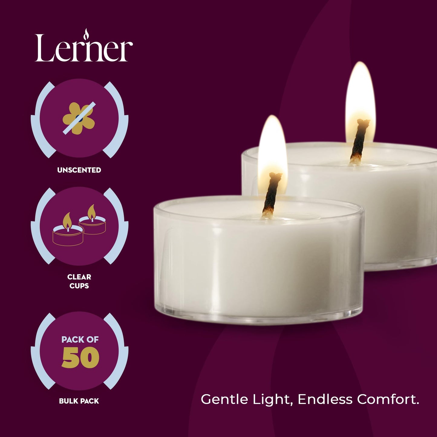 Lerner Clear Tea Lights Candles Bulk - 4.5 Hour Clear Cup Tealight 100 Pack - Consistent Smkless Clean Burning - Holiday, Wedding, Spa, Emergency and Home Decoration Candles