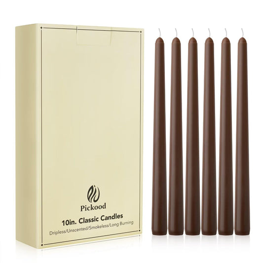 Pickood New Burning Formula Unscented Dripless 10-Inch Taper Candles Set of 12 - Cocoa Brown, for Wedding, Dinner - Smokeless, Long Burning - Hand Poured, Colored Tall Candlesticks - Marrón Cacao