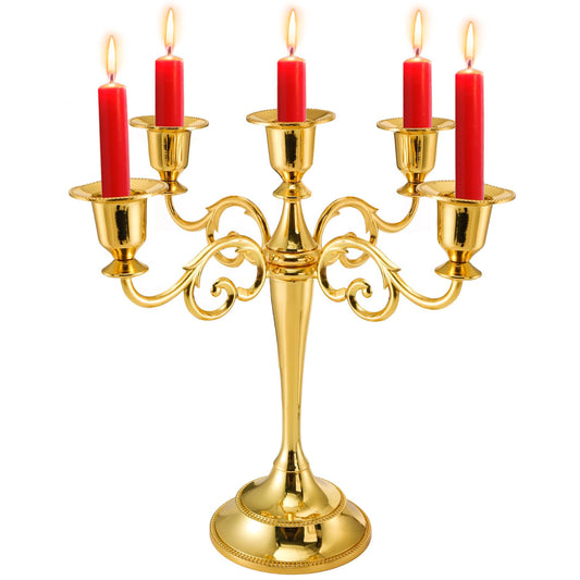 YOUEON 5 Arm Gold Candelabra, Candelabra Candle Holder, 10 Inch Tall Candlesticks Holder, Elegant Taper Candle Holder Centerpiece for Wedding, Church, Halloween, Dining, Home Decor