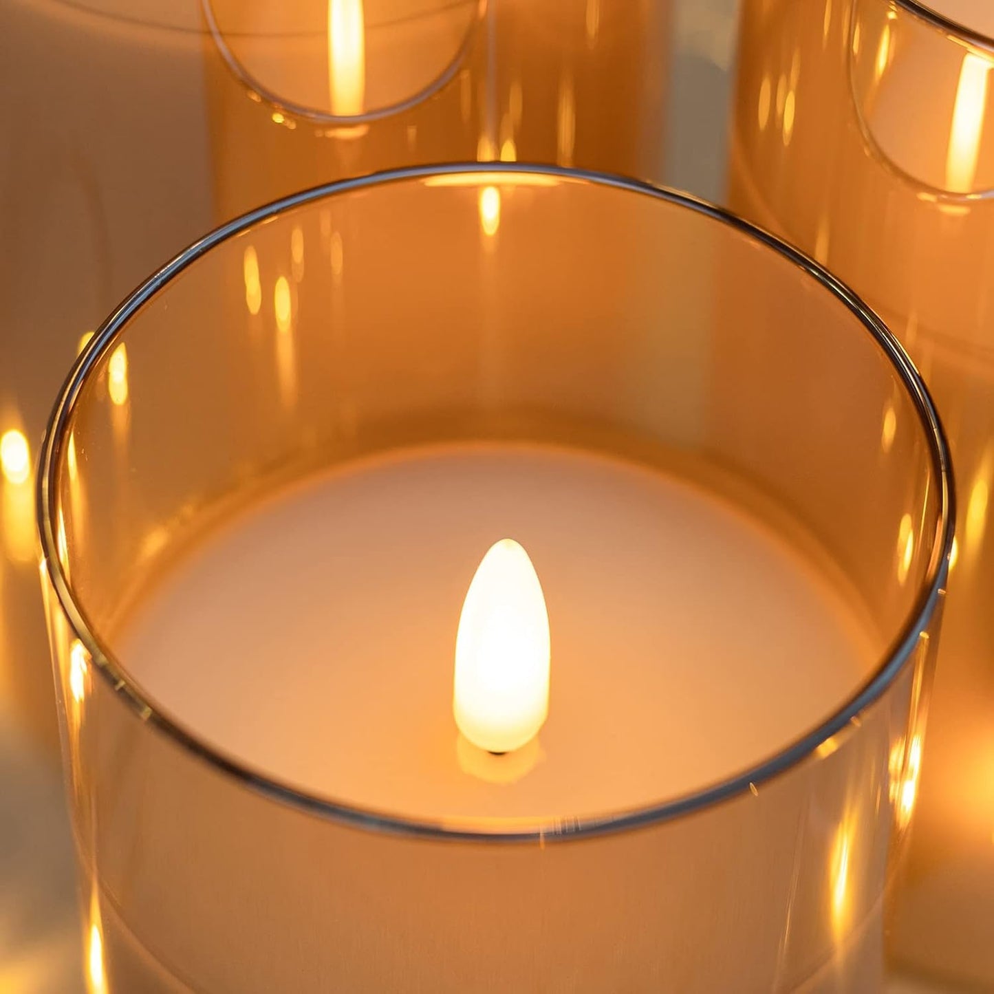 COVEGE Glass LED Flameless Candles Set with Remote, Gold Battery Operated Fake Candles, Real Wax with Warm Flickering Light, Safe Decorative Pillar Candles for Home, Wedding, Party Gift (Pack of 3)