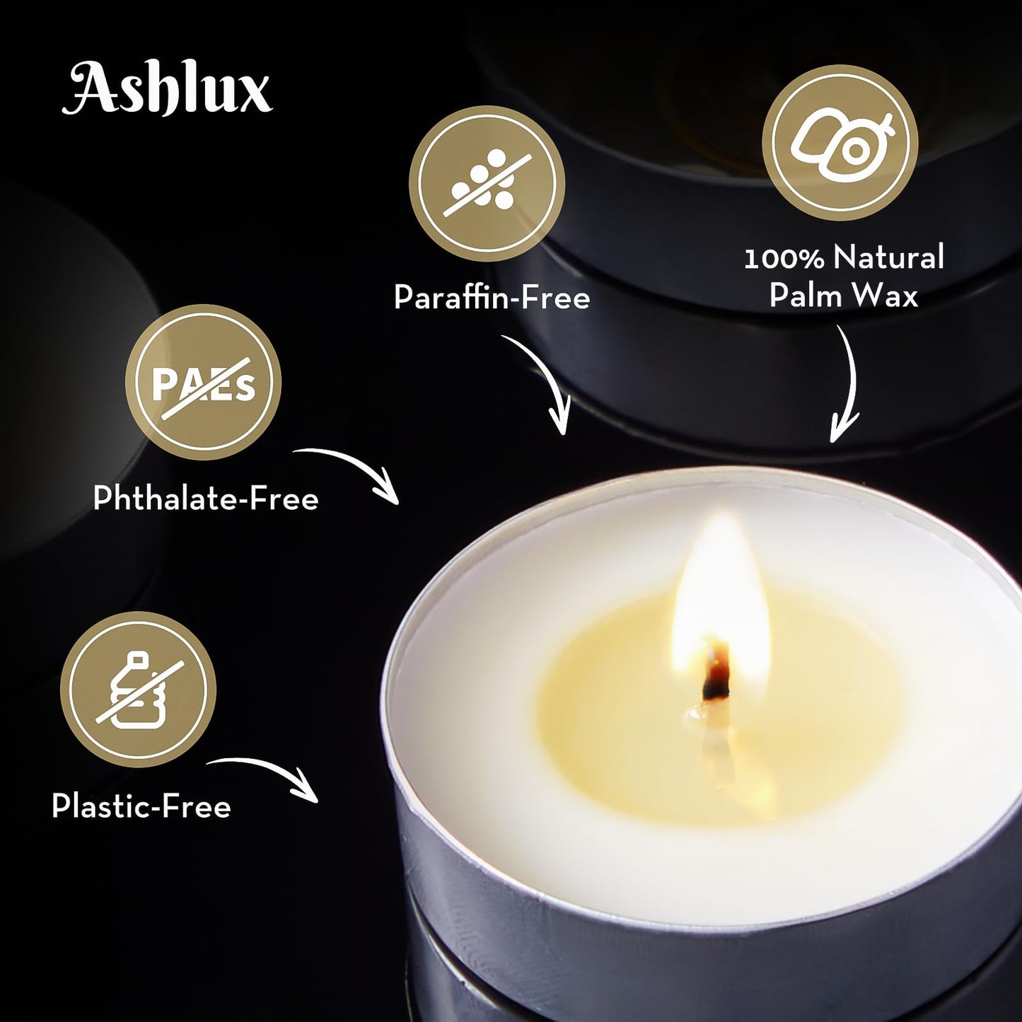 Ashlux Unscented Palm Tea Lights Candles 100 Pack Bulk, 6 Hours Long Burning White Tea Lights,Non-Paraffin, Smokeless, Mini Tealight Candles for Wedding, Christmas Lights, Party, Power Outages