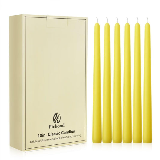 Pickood New Burning Formula Unscented Dripless 10-Inch Taper Candles Set of 12 - Yellow, for Wedding, Dinner - Smokeless, Long Burning - Hand Poured, Colored Tall Candlesticks - Amarillo