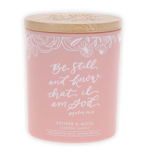 Christian Art Gifts Soy Wax Scented Candle: Be Still & Know Bible Verse, Vetiver & Moss Scent, Pure Essential Oils, 4.5 oz, Up to 20 Hours Burn Time, Glass Jar w/Bamboo Lid, Women's Encouragement Gift