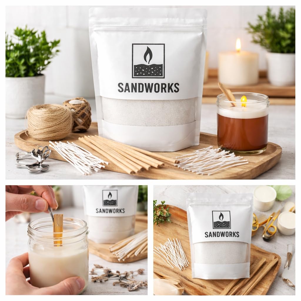 SANDWORKS Sand Wax Candle Making Kit – 5 Wooden Wicks & 15 Cotton Wicks, 500 g Premium Fragrance-Free Sand Wax (Obsidian Black)