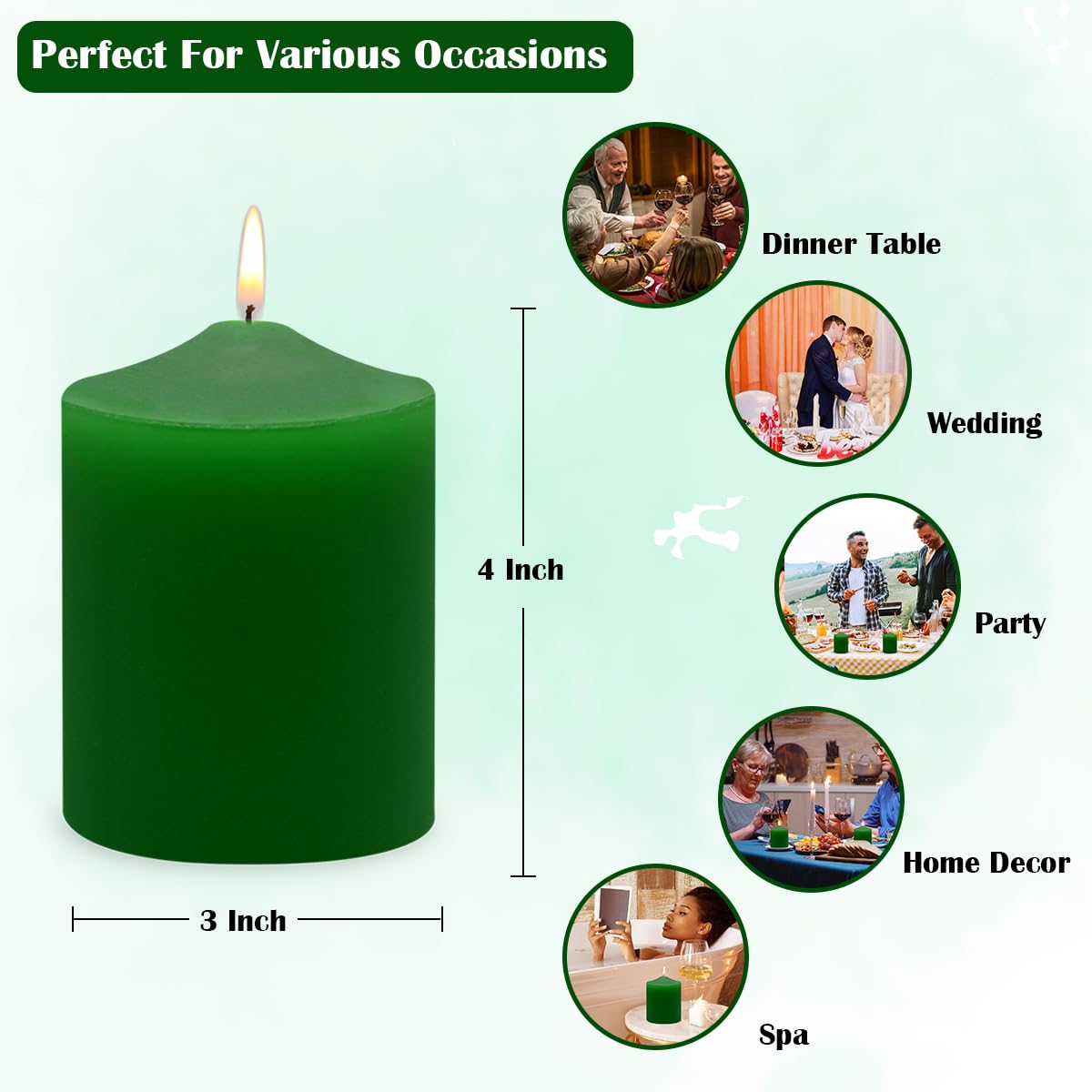 3x4 Inch Green Pillar Candles, 3 Packs Unscented Smokeless Pillar Candles for Christmas, St. Patrick's Day, Easter, Wedding, Party, Home and Dinner Table Decoration, 45 Hours Burn