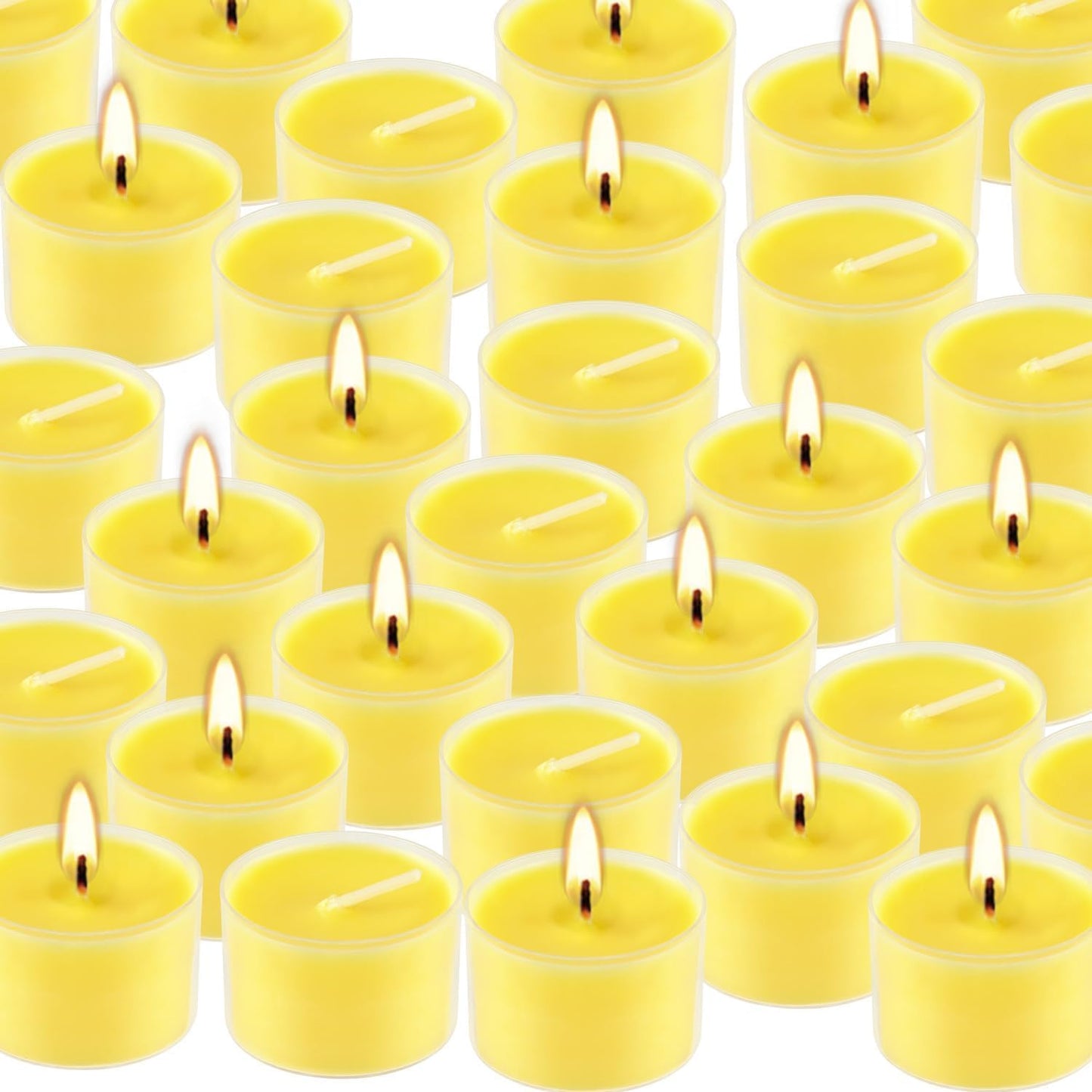 100 Pack Clear Tea Lights Candles Bulk, Summer Citronella Candle Outdoor and Indoor, for Birthday Emergency Home Garden(8 Hour, Yellow)