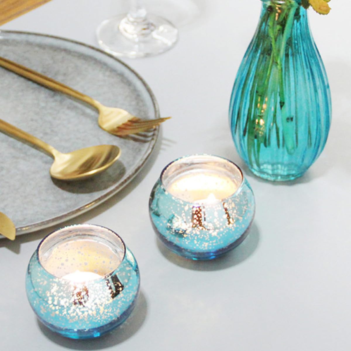 ZUNOXAZ 12pcs Blue Speckled Glass Candleholders Decorative Tealight Holders Small Round Cups for Residential and Hospitality Table Centerpiece