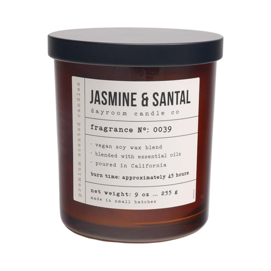 LEOBEN CO – Jasmine & Santal Scented Candle – 9oz, Dayroom Collection Design – 50 hr Burn time – Poured in California Using Vegan Soy Wax and Essential Oils – Made in Small Batches
