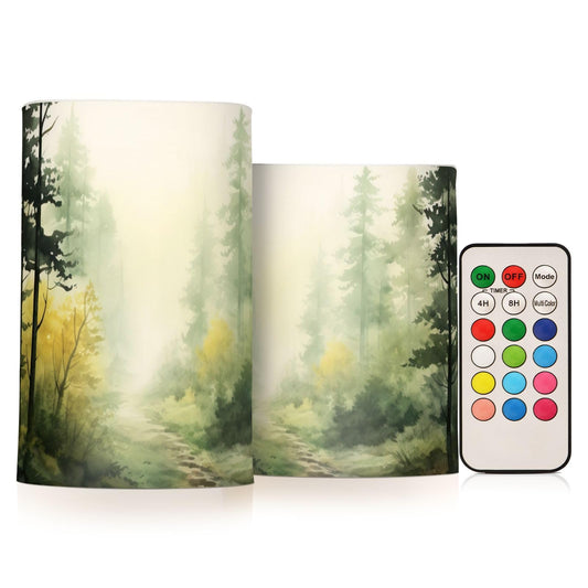 BOESI Watercolor Forest Pattern Flameless Candles Color Changing LED Candles with Remote Control Battery Candles for Outdoor and Indoor Home and Room Decoration, 3'' x 4''/5'' Set of 2 Pieces