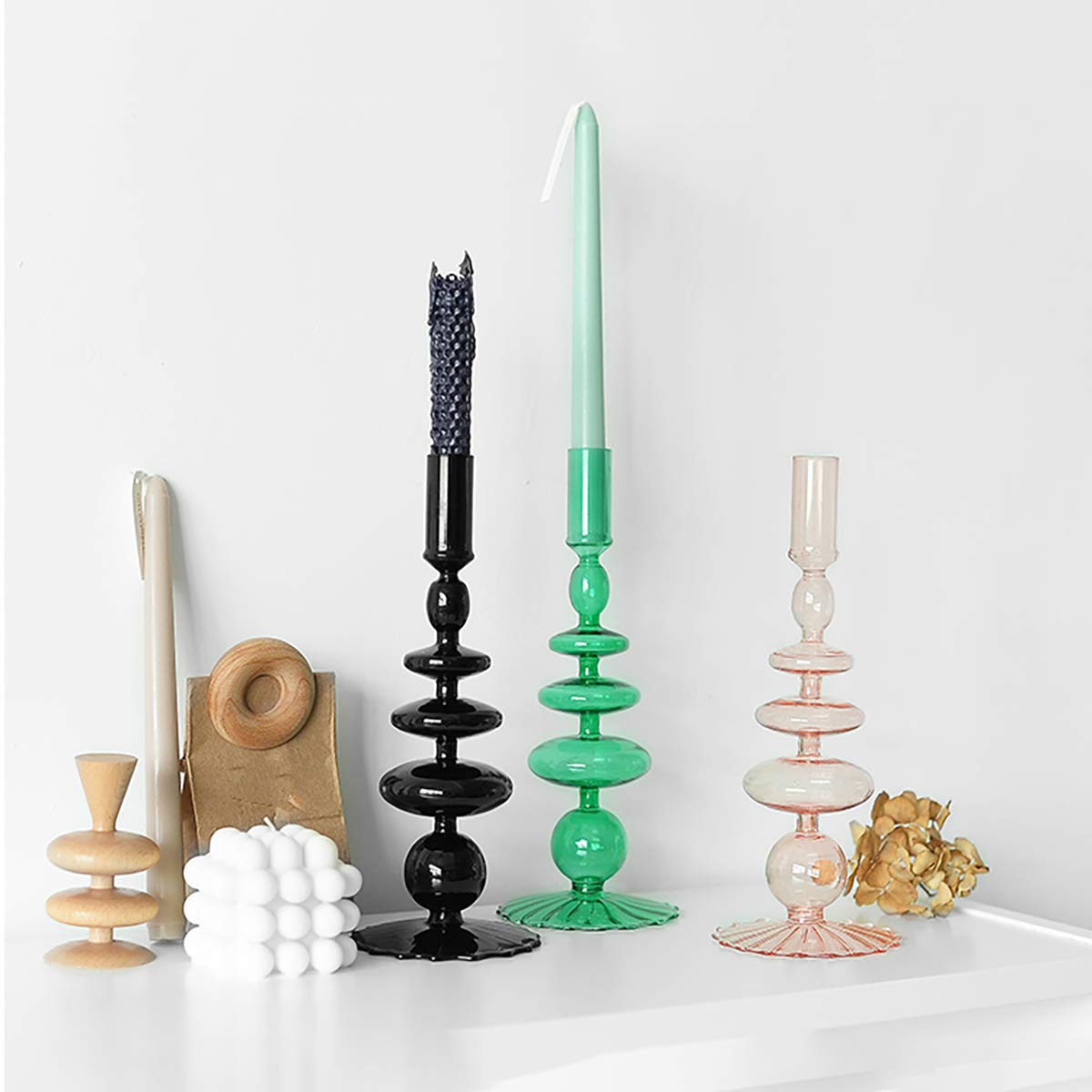 LKXHarleya Glass Candlesticks Holders, Retro Glass Candle Holder for Taper Candle Table Centerpiece Wedding Party Home Decoration, Black