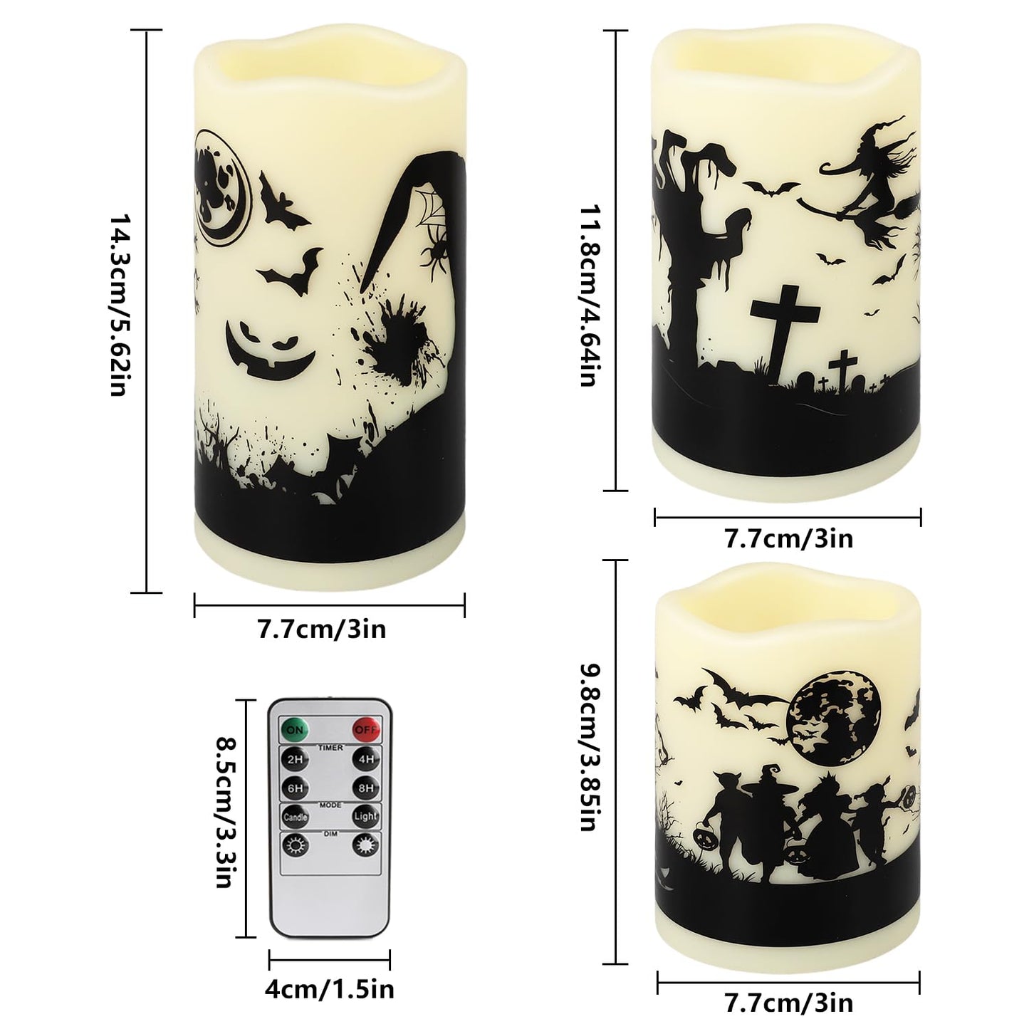 fclayvts 12-Pack Halloween LED Flameless Pillar Candles - Battery Operated with Remote & Timer, Flickering Warm Light, Witch/Bats/Castle Decals - Spooky Halloween Decor, Ghost Party Supplies, Gifts