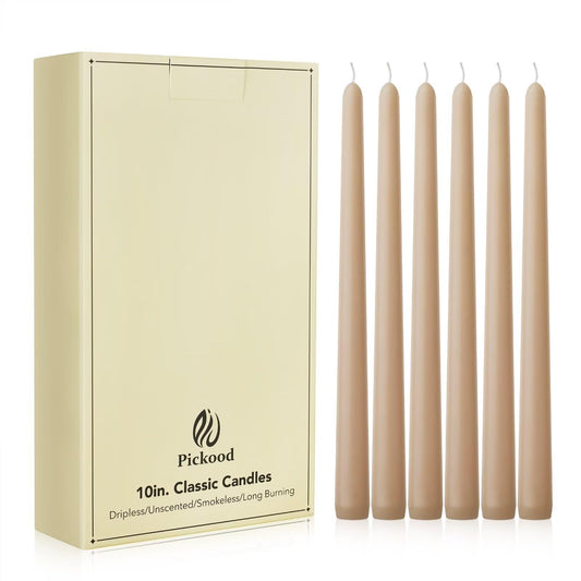 Pickood New Burning Formula Unscented Dripless 10-Inch Taper Candles Set of 12 - Beige, for Wedding, Dinner - Smokeless, Long Burning - Hand Poured, Colored Tall Candlesticks - Beige
