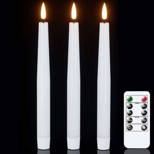 GenSwin Flameless Taper Candles with Remote, White LED Taper Candles Battery Operated, Real Wax Flameless Candlesticks with 3D Wick for Home Party Decor(Set of 3, 0.78” x 9.84”)
