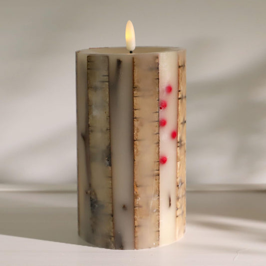 Real Birch Candles Flameless Embedded with Red Berries Christmas Flameless Candles with Remote Pillar Candles Battery Operated (3.5" × 6") - Real Wax, Unscented - for Christmas Decorations