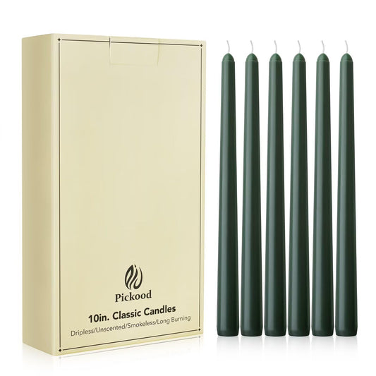 Pickood New Burning Formula Unscented Dripless 10-Inch Taper Candles Set of 12 - Dark Green, for Wedding, Dinner - Smokeless, Long Burning - Hand Poured, Colored Tall Candlesticks - Verde Oscuro