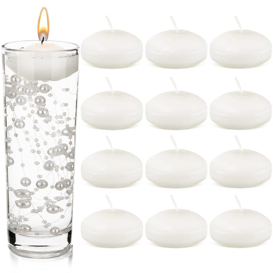 Nuanchu 12 Pieces 1. 65 Inch Floating Candles for Wedding Centerpiece, Small Unscented Floating Round Tealights Metallic Smooth Wax Disc Candles for Graduation Dinner Home Decor(White)