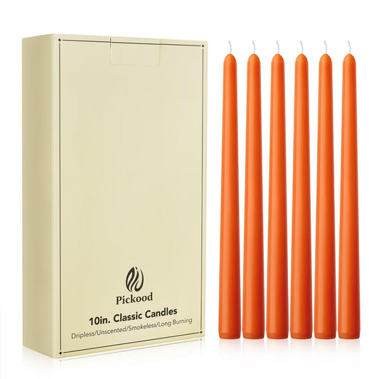 Pickood New Burning Formula Unscented Dripless 10-Inch Taper Candles Set of 12 - Orange, for Wedding, Dinner - Smokeless, Long Burning - Hand Poured, Colored Tall Candlesticks - Naranja