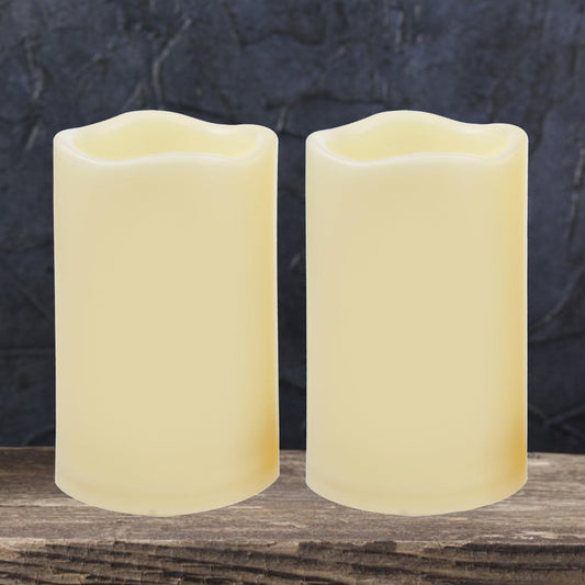 iZAN Outdoor Indoor Flameless Candles with Timer Waterproof Plastic Realistic Flickering Battery Operated LED Pillar Candles Long Lasting 1500 Hours Battery Life 3x5 inch Waved Edge 2-Pack