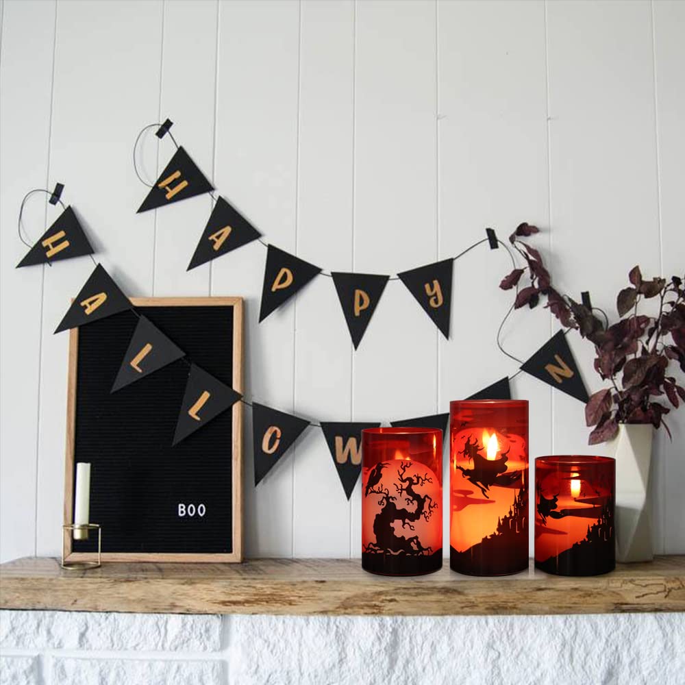 DRomance Witch Glass Flameless Candles with Remote and Timer, Battery Operated Realistic 3D Wick Flickering Real Wax LED Candles Halloween Window Table Holiday Dinner Decor Gifts(3 x 4,5,6 Inches)