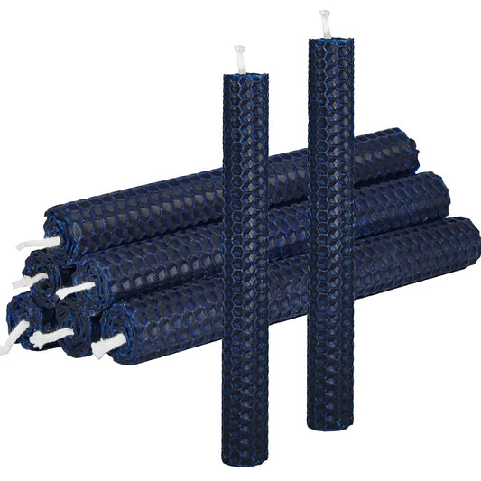 DEYBBY Natural Beeswax Taper Candles,Honeycomb Design Hand-Rolled Beeswax Candles, Dripless and Smokeless, Set of 6 Flat Top (Blue)