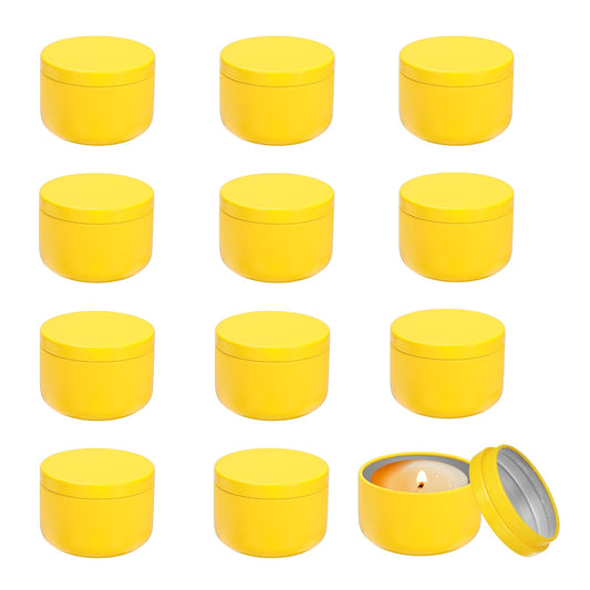 MECCANIXITY 3oz Candle Tins, 12pcs Metal Candle Tins Jars with Lids Round Empty Tin Can Containers Bulk for Storage Tea and Making DIY Arts Crafts Christmas Gifts, Yellow