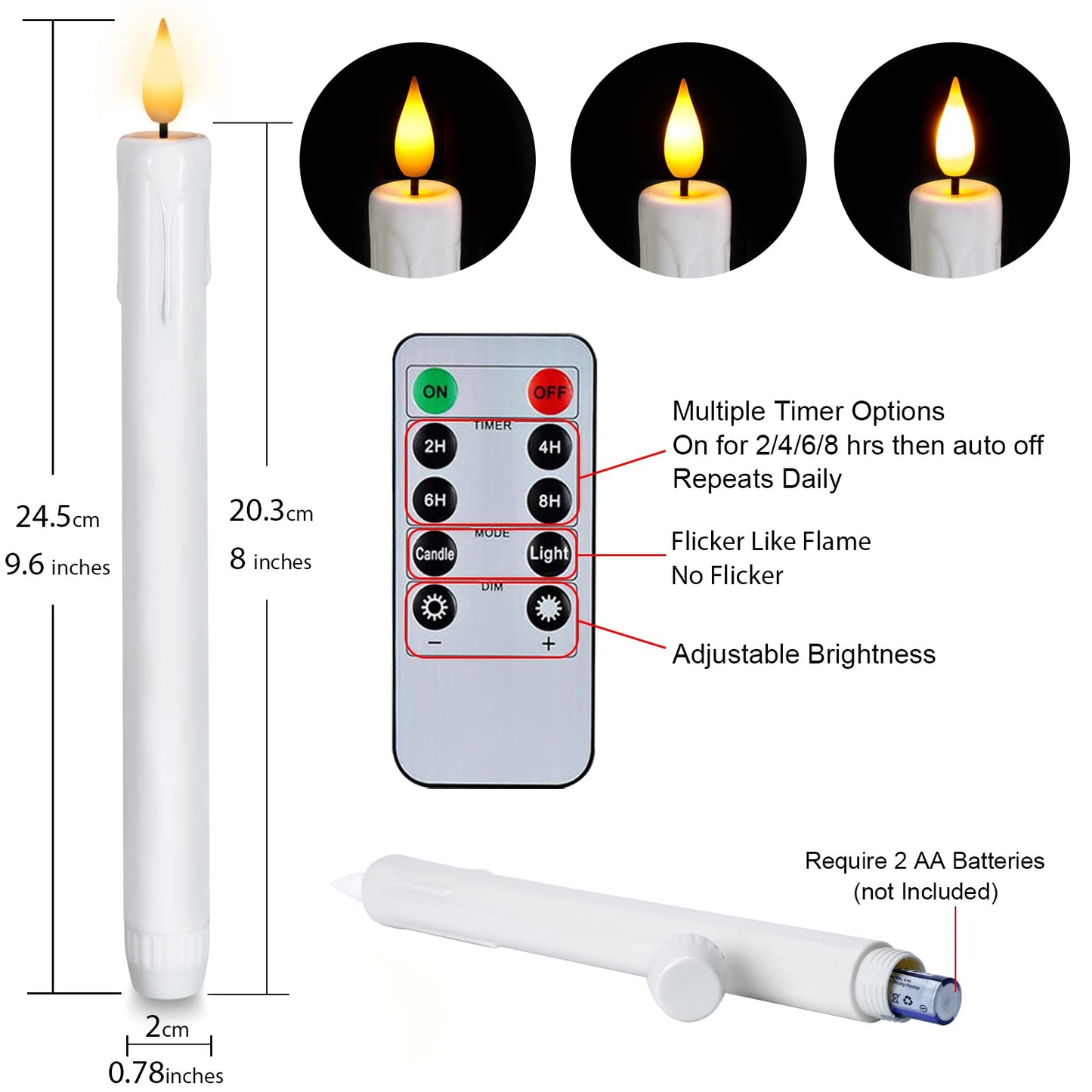 Homemory 24 Pcs White Flameless Taper Candles with Remote Timer, Lifelike Taper Candles Battery Operated with Flickering Light, Plastic, Led Candlesticks, Christmas Home Wedding Decor, 9.6 Inches