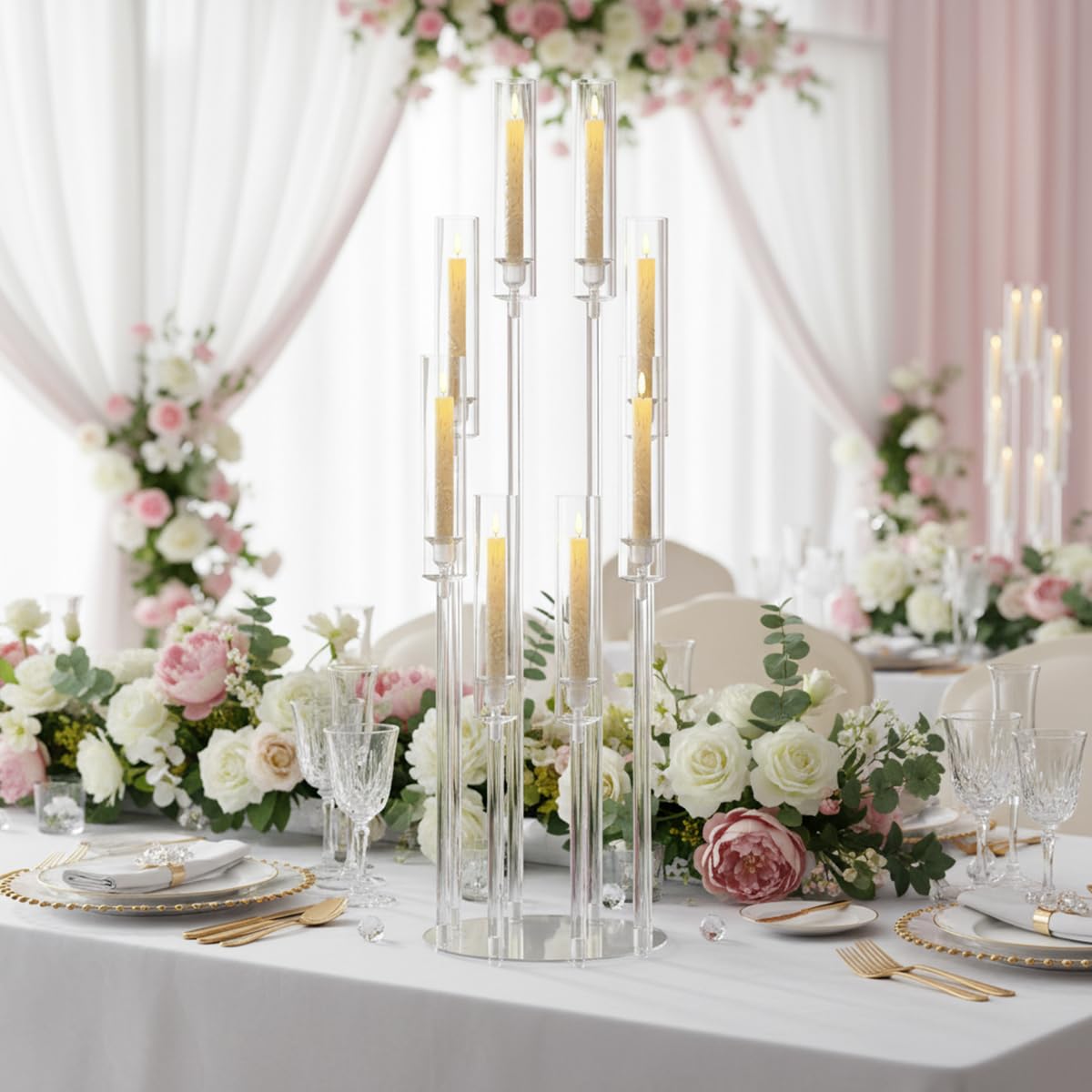 6PCS Clear Candelabra Centerpiece for Wedding,8 Arm Acrylic Candelabra Centerpiece Table 38.5 Tall Floor Candle Holder for Birthday Party Baby Shower Decor candelabros para centros de mesa