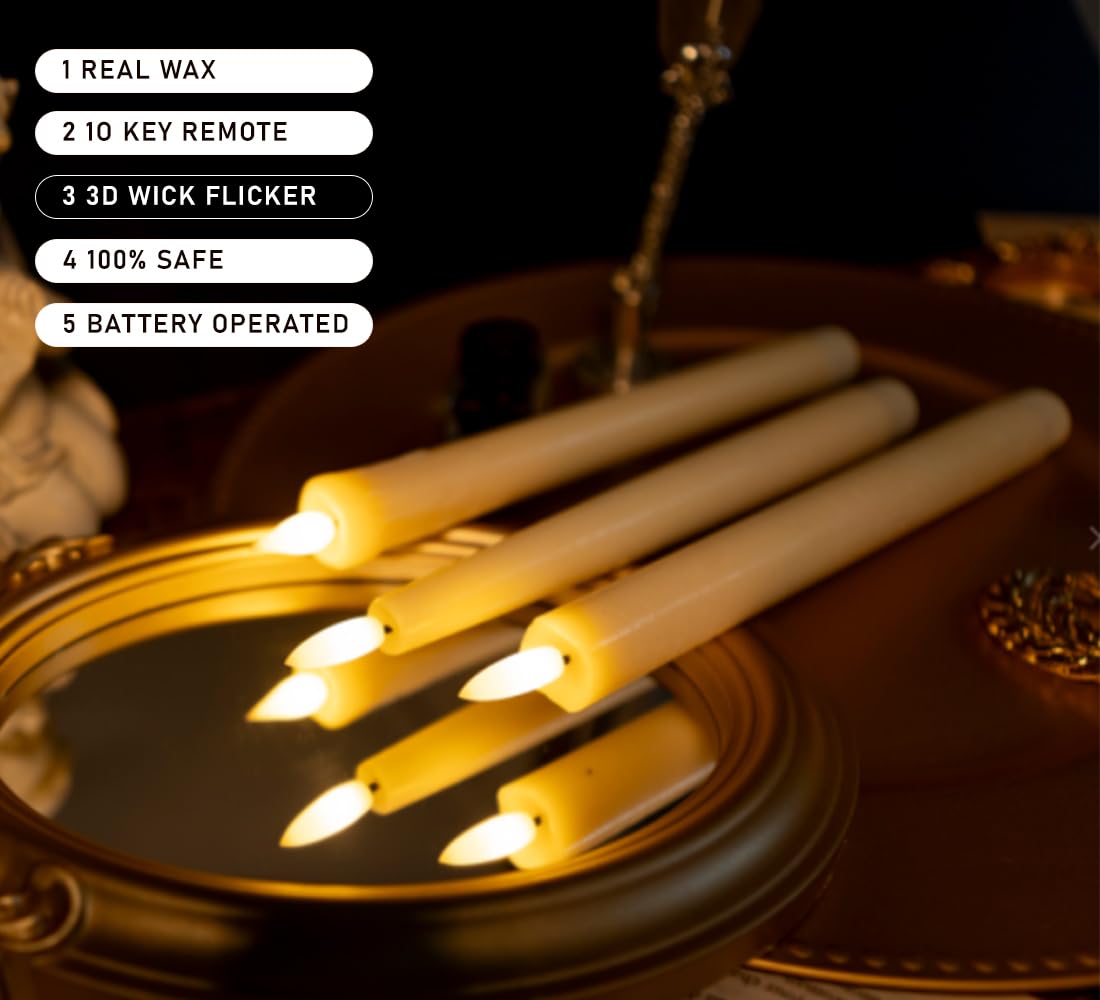 KSWING 2 PCS Upgraded Real Wax LED Flameless Taper Candles with Remote, White Candlesticks Battery Operated Flickering - 9.6” Long Realistic Fake Candle Sticks for Home/Wedding/Fireplace Xmas Decor