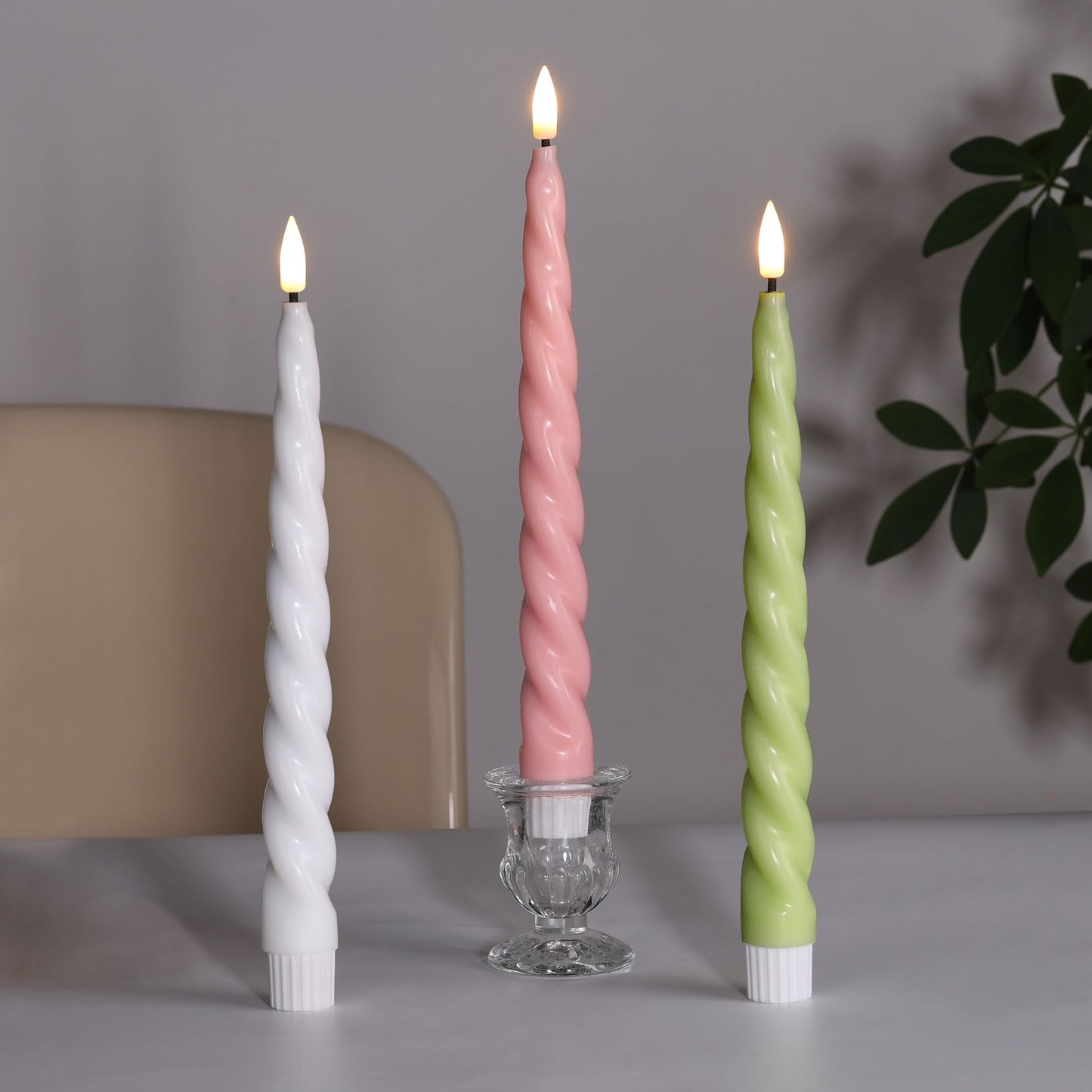 Girimax Spiral Green Flameless Taper Candles with Remote, Flickering Battery Operated LED Wax Candlesticks Spring Summer Home Decor Set of 6