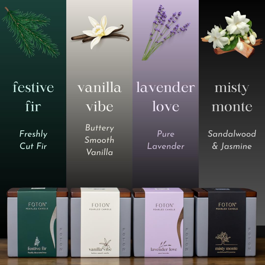 Foton Pearled Candle Le Cube Bundle (4x16oz) – Festive Fir, Misty Monte, Lavender Love & Vanilla Vibe. Refillable, Non-Toxic Pearled Wax Candles with 15 Wicks Each for eco-Luxury Home décor