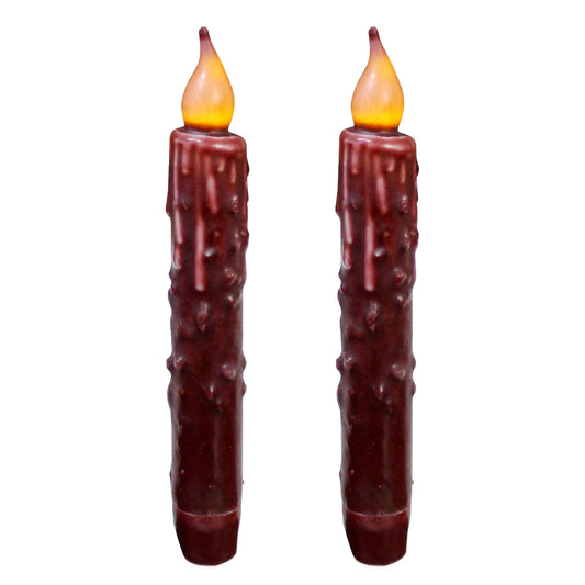 CVHOMEDECO. Real Wax Hand Dipped Battery Operated LED Timer Taper Candles Country Primitive Flameless Lights Décor, 6-3/4 Inch, Burgundy, 2 PCS in a Package