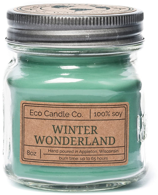 ECO CANDLE CO. Mason Jar Candle, Winter Wonderland, 8 oz. - Scents of Pine, Spruce, & Fir - 100% Soy Wax, No Lead, Kraft Label & Antiqued Pewter Lid, Hand Poured, Made from Midwest Grown Soybeans