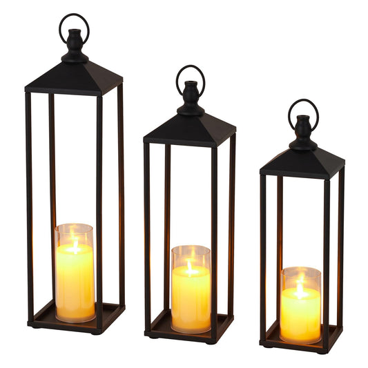 22" 19" 17" Black Candle Lanterns, Metal Decorative Lanterns for Outdoor & Indoor with Flameless LED Candles, Halloween & Christmas Use Modern Patio Porch Garden Floor Decor