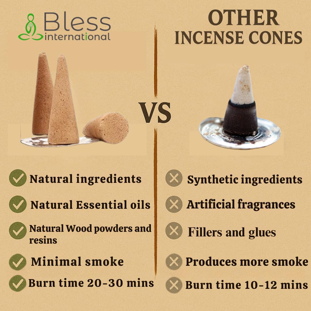 Bless International Cinnamon 100%-Natural-Incense-Cones Handmade-Hand-Dipped Organic-Chemicals-Free for-Purification-Relaxation-Positivity-Yoga-Meditation The-Best-scents (60 Count)