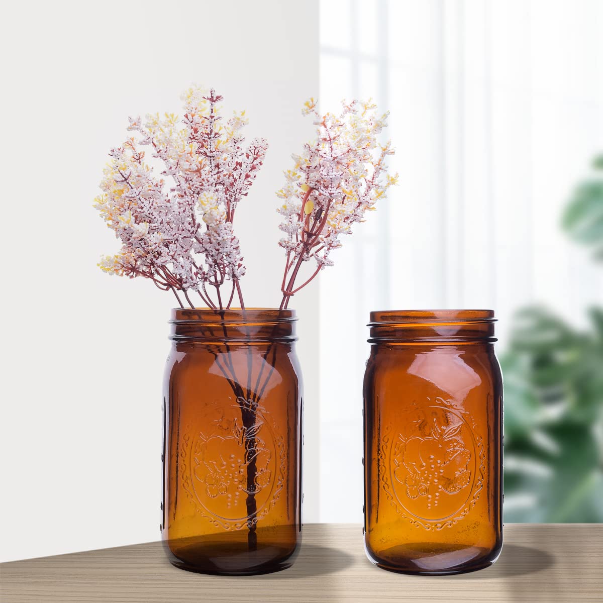 eleganttime Amber Glass Mason Jars 32 oz Wide Mouth with Airtight Lids and Bands 6 Pack Large Glass Canning Mason Jars Quart,Great for Canning Jar Pickle Fermenting Jam Jar