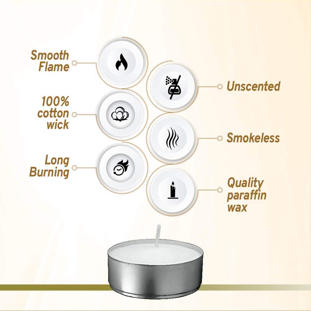 L'ner Tea Light Candles – Set of 200 Unscented Tea Lights – Burns Aprx. 4 Hours – Party & Ambience Candles – Restaurant Decorations
