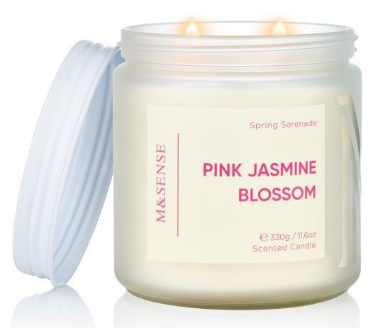M&SENSE Jasmine & Rose Spring Scented Candles for Home, 11.6oz Organic Natural Soy Wax, 70-Hour Non Toxic Clean Burn, 2-Wick Home Fragrance Floral Scent, Romantic Smelling for Women