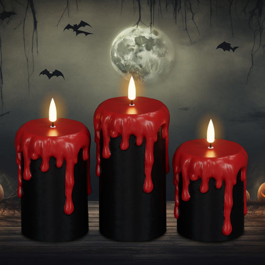 Lasumora Halloween Decorations Led Candles Flickering with 6H Timer, Battery Operated Halloween Candles, 3 Pcs Drip Wax Spooky Halloween Decor Indoor Real Wax, D3 x H 4" 5" 6"