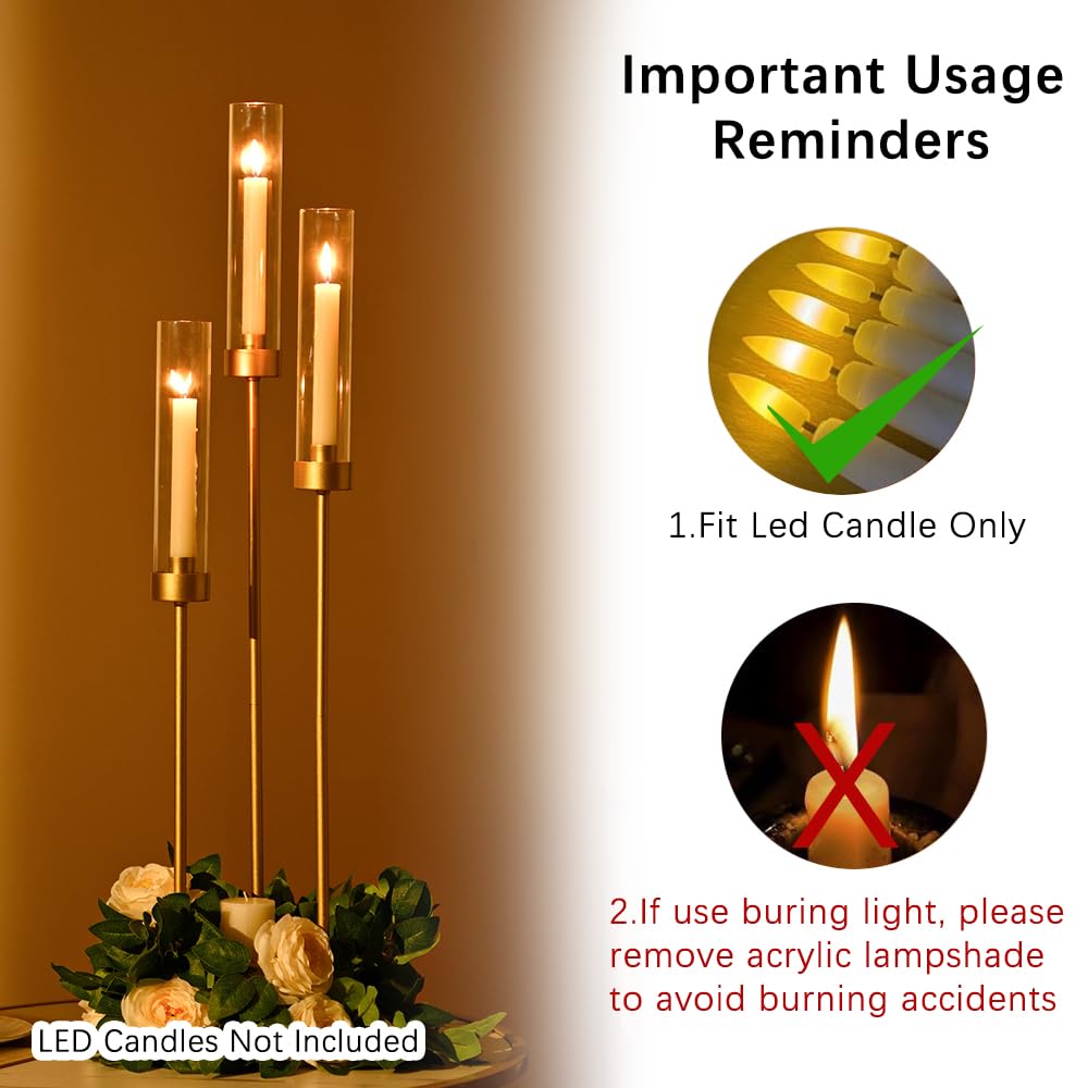 Vincidern 2pcs Gold Taper Candle Holder 3-arm Candelabra Decorative Candlestick Holder for Table Centerpieces, Wedding, Dining Room, Events, Party (33in Tall)