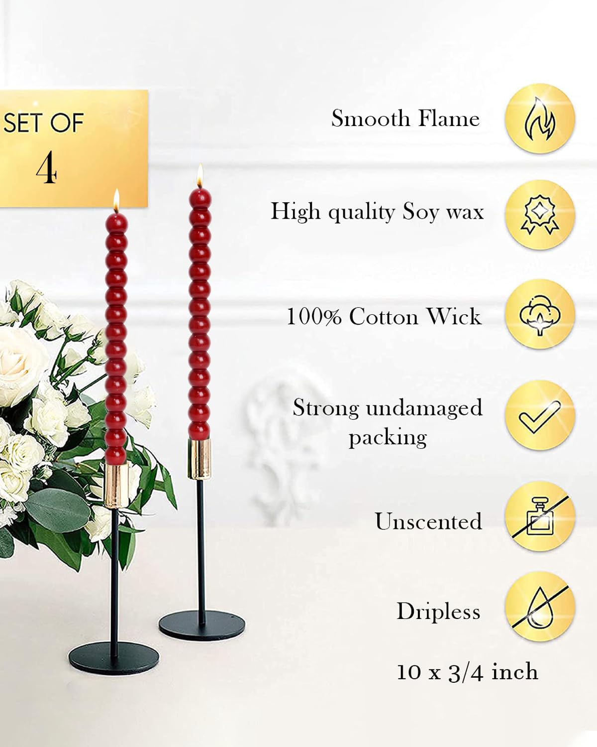 LPUSA Red Tall Taper Candles Stick Dripless Unscented Dinner Spiral Candle for Holiday Wedding Party Wax Unscented Dinner Candle Dripless,Christmas Gift H 10 Inch, 4pcs（Red-C）