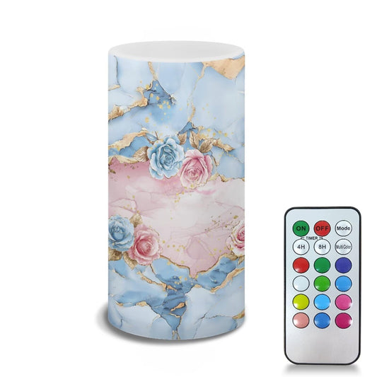 Merkmak Floral Blue Pink Marble Flickering Flameless Candles Battery Operated LED Candles with Color Changing Timer Remote Control Pillar Lights for Outdoor Indoor Home Decor